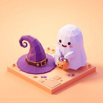 Cute 3D rendered Halloween composition featuring a friendly ghost and witch hat on an orange background.