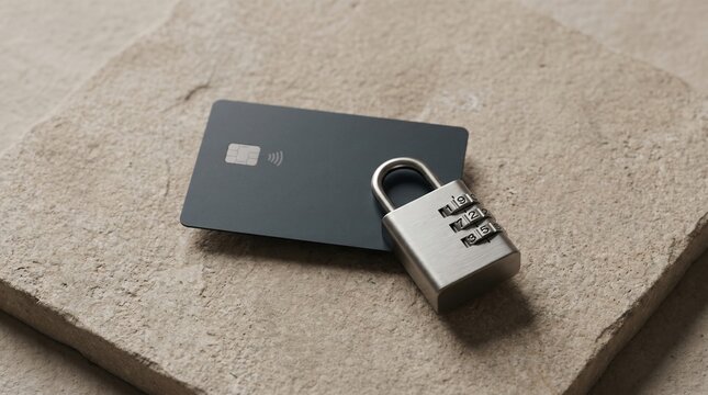 Black credit card resting on a rough stone surface secured with a silver combination padlock security protection