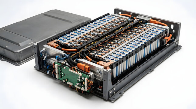 EV battery pack with exposed lithium ion cells, copper busbars, wiring harness and electronic controls for electric vehicle energy storage