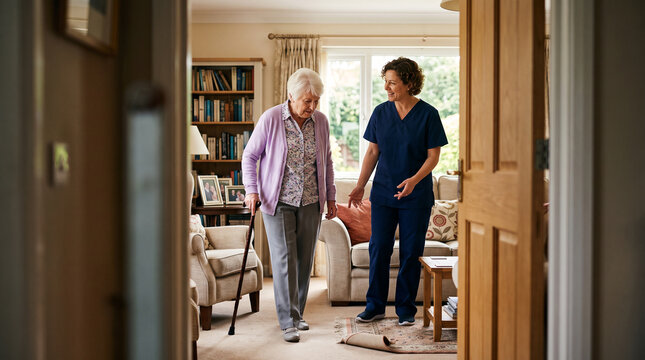 Home healthcare nurse assesses fall risk with older adult, supporting safe mobility, fall prevention, healthy aging, patient safety and independent living at home.