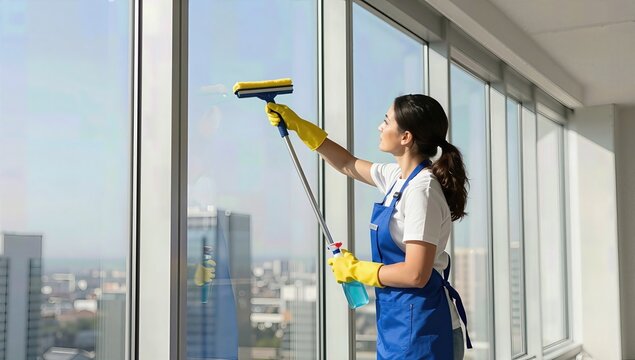 Young Female Housekeeper Cleaning High Rise Windows with Squeegee and Cleaning Solution in Modern Apartment with Urban Cityscape View and Bright Natural Sunlight