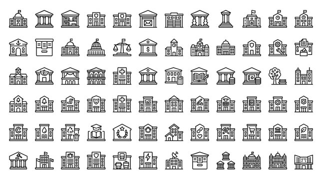 Government and Financial Institution Linear Icon Collection Featuring Courthouses, Banks, City Halls, Public Offices, Courts, and Civic Architecture
