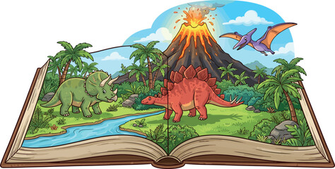Open pop up book with prehistoric scene featuring triceratops stegosaurus pterodactyl and an erupting volcano landscape vector illustration © Leon