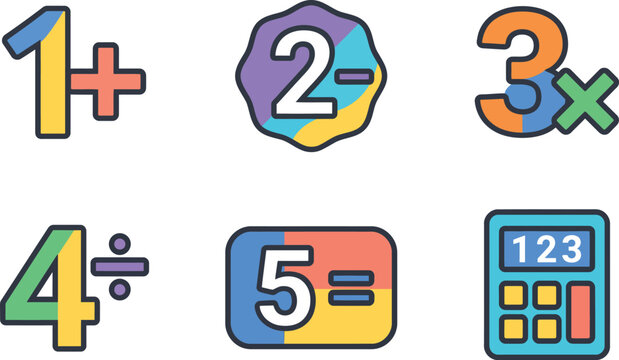 Colorful mathematical operation icons featuring numbers and symbols on a white background arithmetic calculation
