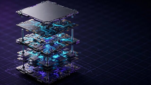 Exploded View of Futuristic Multi Layer Microchip and Circuit Board with Glowing Blue Neon Data Traces