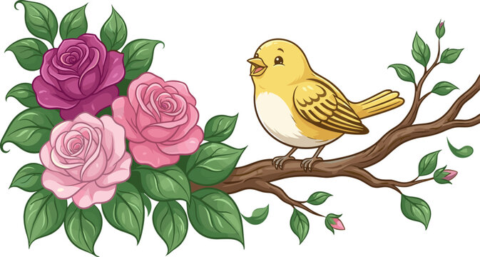 Sweet cartoon canary sitting on a blooming rose branch vector graphic design isolated on white background