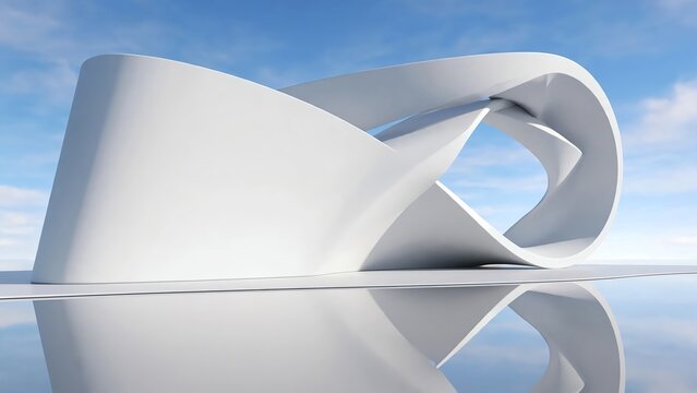 Abstract Modern White Architectural Structure with Curved Parametric Facade and Reflection Under Blue Sky