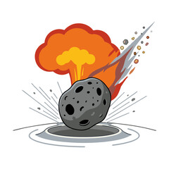 Burning meteorite asteroid crashing into ground creating impact crater and fiery explosion, outer space vector illustration. © Lefra
