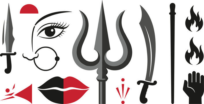 Goddess Durga face elements set with trident trishul divine weapons and navratri ritual symbols
