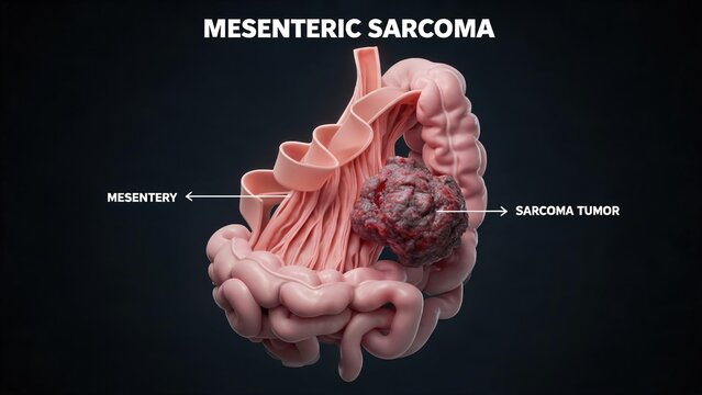 Labeled 3D medical illustration of mesenteric sarcoma, tumor growing on mesentery near human intestines, dark background anatomical diagram