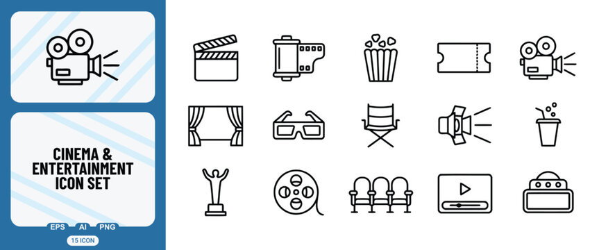 Cinema and entertainment icon set, collection of thin line vector symbols for movie theater, film production, and media streaming services