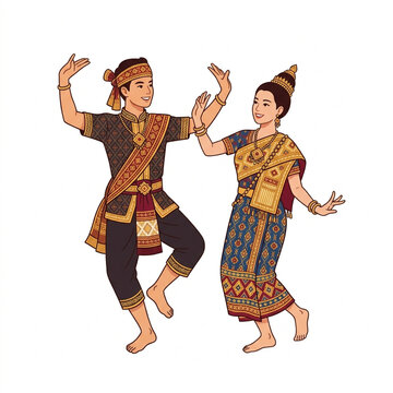 Traditional Lao Dancers Couple in Authentic Cultural Costume Illustration