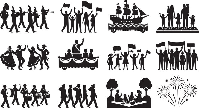 Festive parade and public celebration silhouettes featuring marching bands, cheering crowds, picnics, fireworks, and dancers on white background
