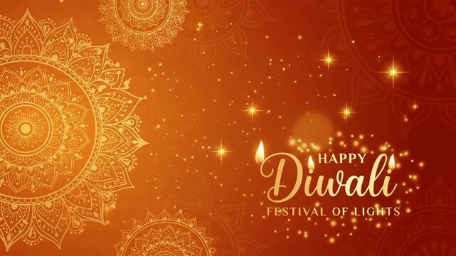 Elaborate golden mandalas anchor the left side of this warm orange animated video background, giving way to glowing sparkles and a Happy Diwali greeting on the right.
