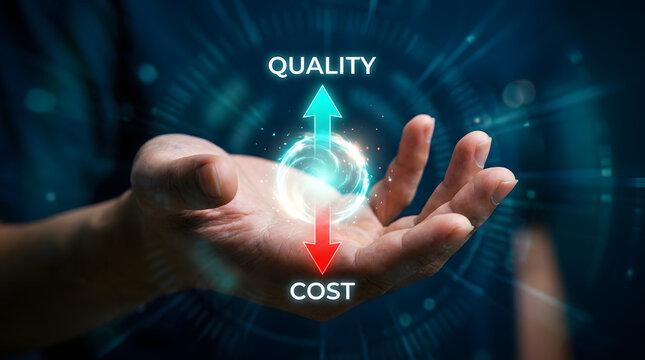 Hands balancing quality improvement and cost reduction with digital