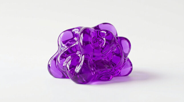 Amorphous purple glass sculpture rests on a transparent background tabletop showing curved reflective surfaces.