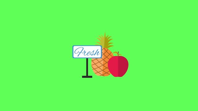 Flat vector animated fresh fruit display featuring a pineapple, a red apple, and a sign board reading "Fresh" against a green screen background