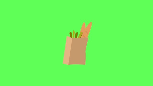 Flat vector animated brown paper grocery bag filled with French bread baguettes and fresh green vegetables against a green screen background
