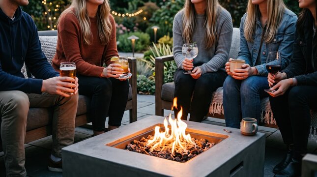 Group of friends enjoying evening party around outdoor fire pit, drinking wine and beer, social gathering in garden patio, autumn relaxation and friendship concept with warm lighting.