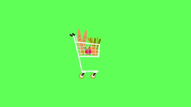 Flat vector animated supermarket shopping cart filled with fresh vegetables, carrots, and French bread against a green screen background
