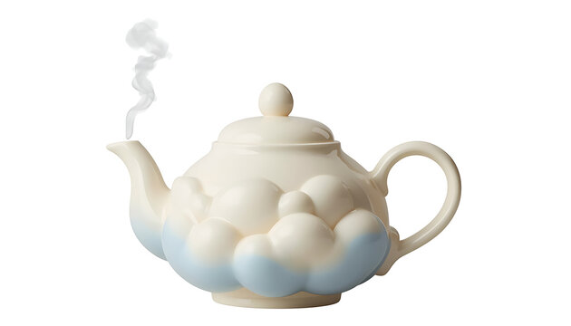 White ceramic teapot shaped like clouds with blue accents emitting steam for kitchen decor.