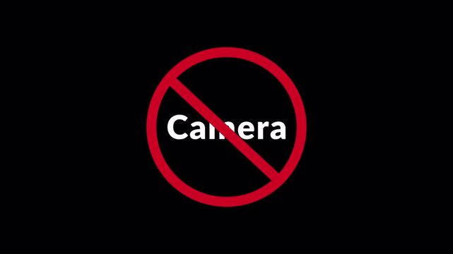 CAMERA Prohibition Symbol Sign Animation Isolated on Transparent Background, stop or no exit forbidden red circle animation Warning, prohibited or ban icon animation.CAMERA Prohibition Symbol in 4k
