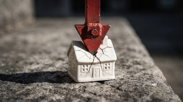 Red metal arrow crushing a small white ceramic house model with visible cracks, symbolizing real estate market crash and mortgage crisis for economic news and debt management marketing.