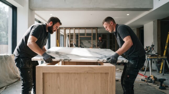 Professional craftsmen installing a heavy white marble countertop on a custom wooden island base, showcasing precision teamwork and skilled labor for luxury home renovation and construction marketing.