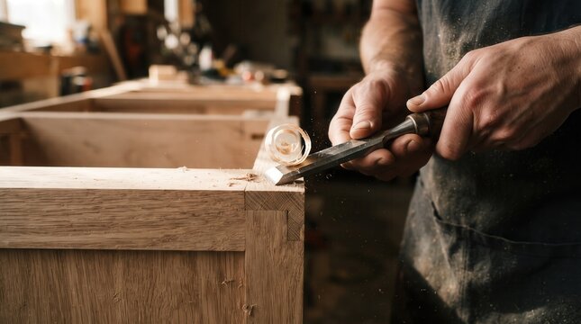 Skilled carpenter using a sharp metal chisel on white oak wood, capturing professional craftsmanship and precision manual labor for artisan furniture making and woodworking education.