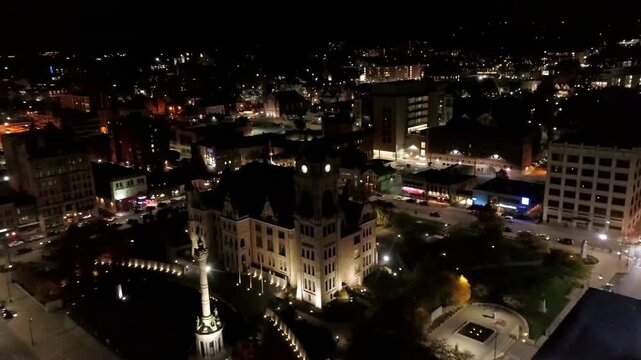 Scranton at Night Pennsylvania Drone View of Downtown City Lights and Illuminated Buildings Creating a Vibrant Metropolitan Panorama with Bright Urban Streets and Architecture
