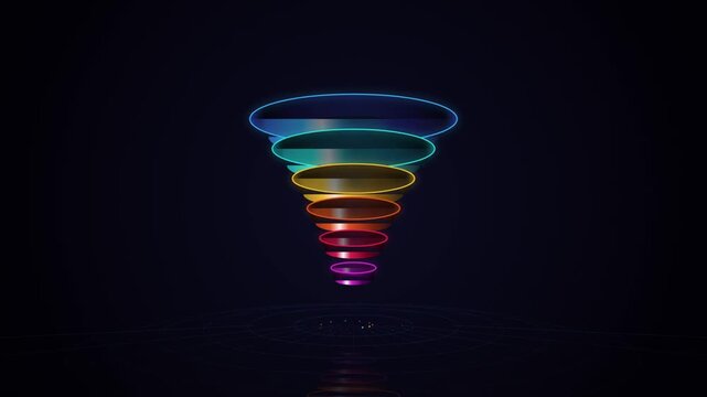 Neon 3D data funnel animation on black background