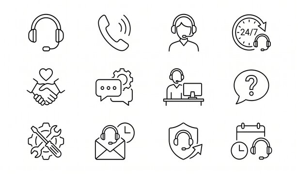 24/7 Customer Service and Support Thin Line Icon Set, Call Center and Help Desk Vector Illustration