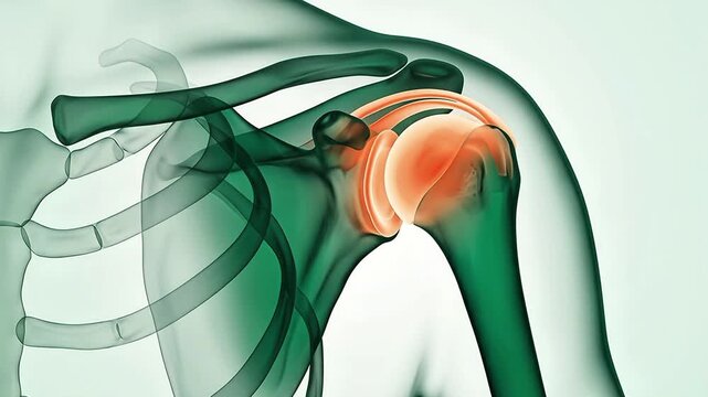 3D medical animation highlighting the human shoulder joint showing the humerus and scapula with inflammation or pain focus