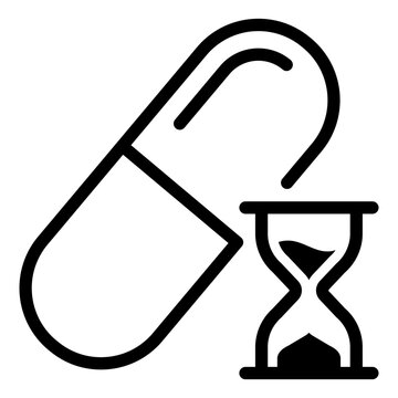 Longevity and anti-aging science icon featuring a medicinal capsule pill combined with an hourglass symbol representing life extension, cellular health, rejuvenation, and wellness supplements.