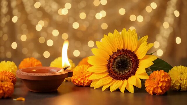 A vibrant yellow sunflower and a brightly lit clay diya rest among fresh marigolds against a warm, sparkling golden bokeh video background in this serene animated scene.
