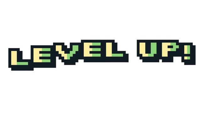 Retro 8-bit pixel art animation featuring the text Level Up with a bouncing motion effect for gaming content.