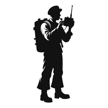 Military radio operator silhouette, soldier with tactical communication gear vector, army signalman with backpack and walkie talkie icon