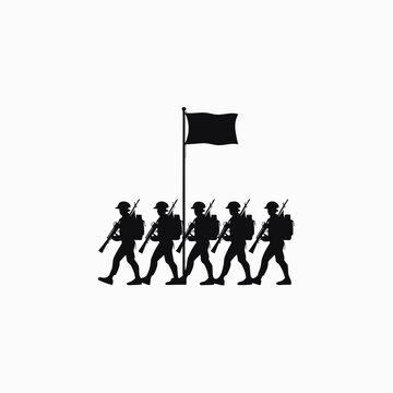 Military soldier silhouette vector, infantry squad marching with flag, black army troop silhouettes for memorial day and veteran tribute designs