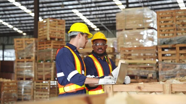 Two diverse factory workers in safety helmets and reflective vests use a laptop among stacked wooden pallets and lumber in an industrial warehouse.