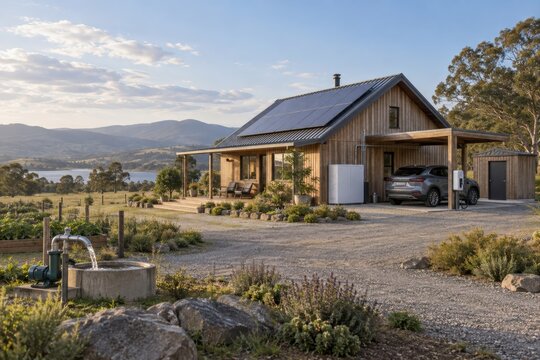 Sustainable modern wooden home with solar panels and electric car
