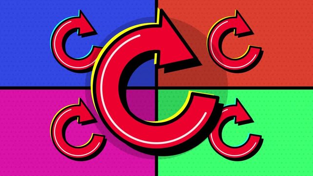 Arrows Rotating in a Retro Pop Art Style on a Vibrant Colorful Quadrant Background Ideal for Reload and Refresh Concepts