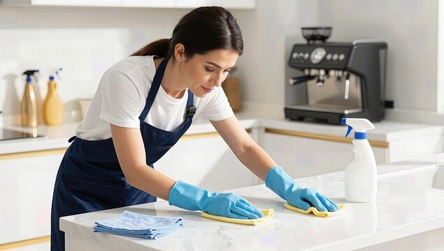 Young Woman in Blue Apron and Protective Gloves Cleaning White Marble Kitchen Countertop with Yellow Cloth in Bright Modern Interior Setting
