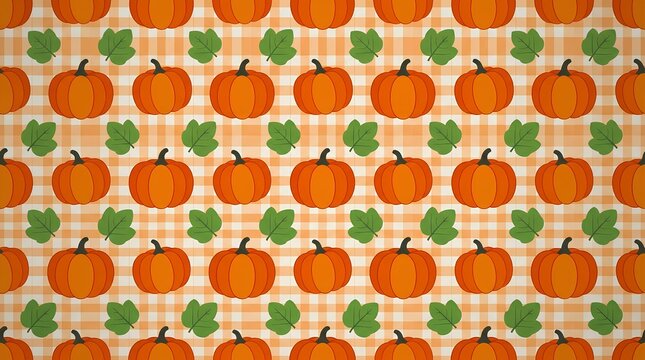 Colorful pattern of orange pumpkins and green leaves on a checkered picnic background.