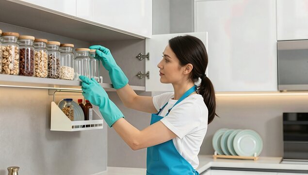 Young Woman Wearing Blue Gloves and Apron Organizing Clear Glass Jars of Dry Grains and Nuts in a Modern Minimalist Kitchen Cabinet