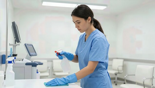 Female healthcare worker in blue scrubs cleaning a white surface with a spray bottle and blue cloth in a bright, modern medical clinic or hospital examination room setting