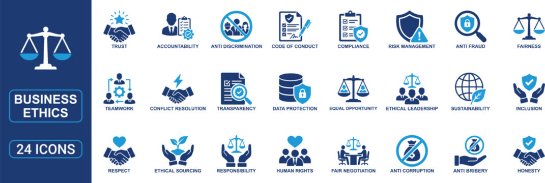 Business ethics solid icon set featuring trust, accountability, compliance, fairness, anti fraud, human rights, ethical leadership, sustainability, inclusion, transparency and corporate responsibility