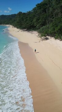 Aerial view woman exploring tropical shoreline, emerald surf rolling onto pale sand, dense jungle backdrop, footprints leading into distance, bright sky, freedom and travel discovery