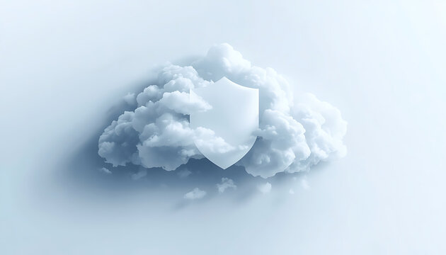 White shield symbol embedded in fluffy clouds illustration represents cloud security and data protection network concept.