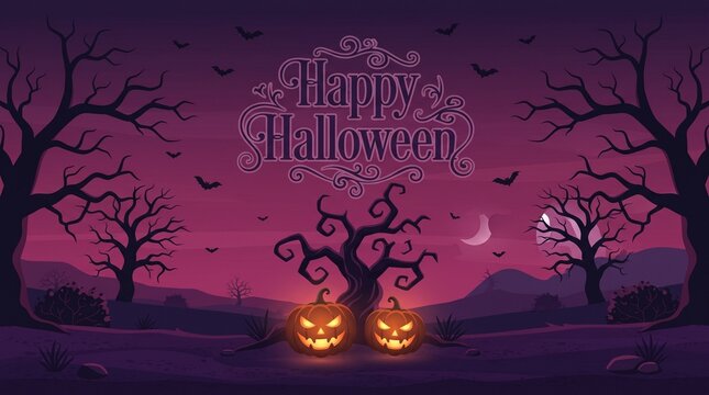 Spooky halloween background featuring glowing jack o lanterns and bare trees under a dark purple night sky