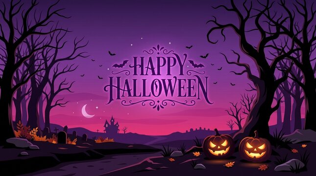 Happy halloween background with creepy trees and glowing jack o lanterns in a dark purple spooky forest